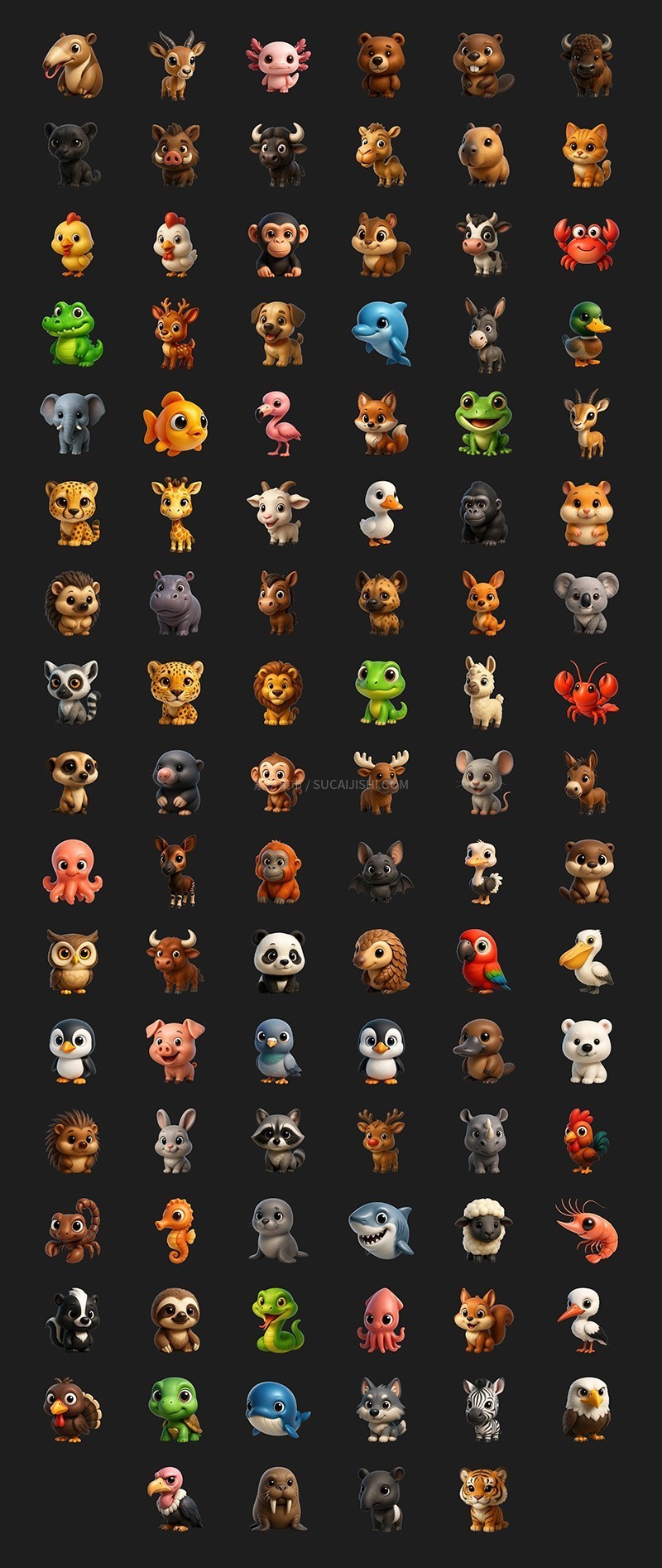 100种动物卡通3D图标PNG格式